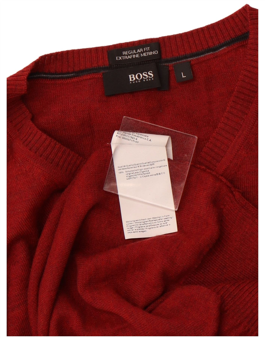 Suéter masculino HUGO BOSS com ajuste regular e decote em V, grande lã virgem vermelha