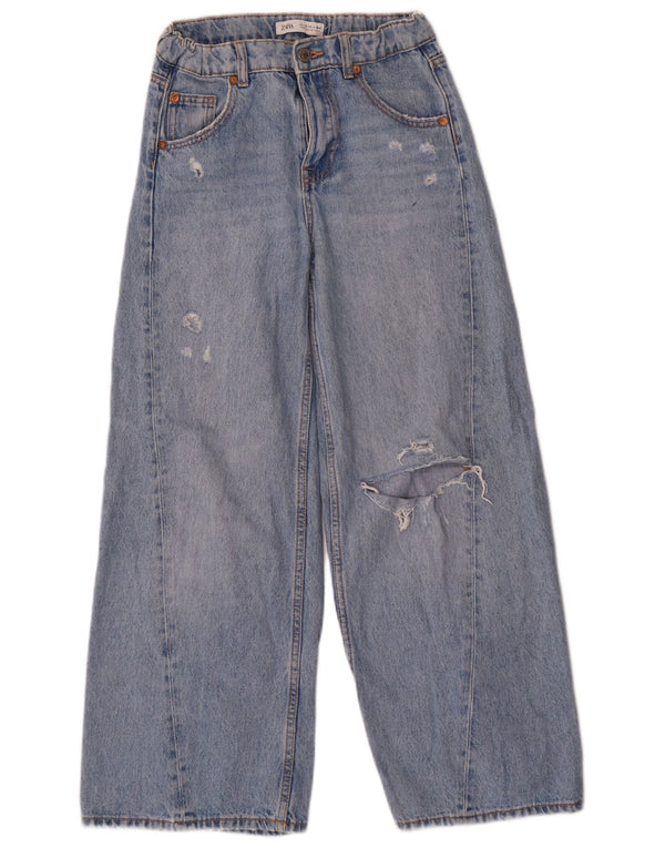 Zara Jeans femininos desgastados com perna larga 13-14 anos W26 L27 algodão azul