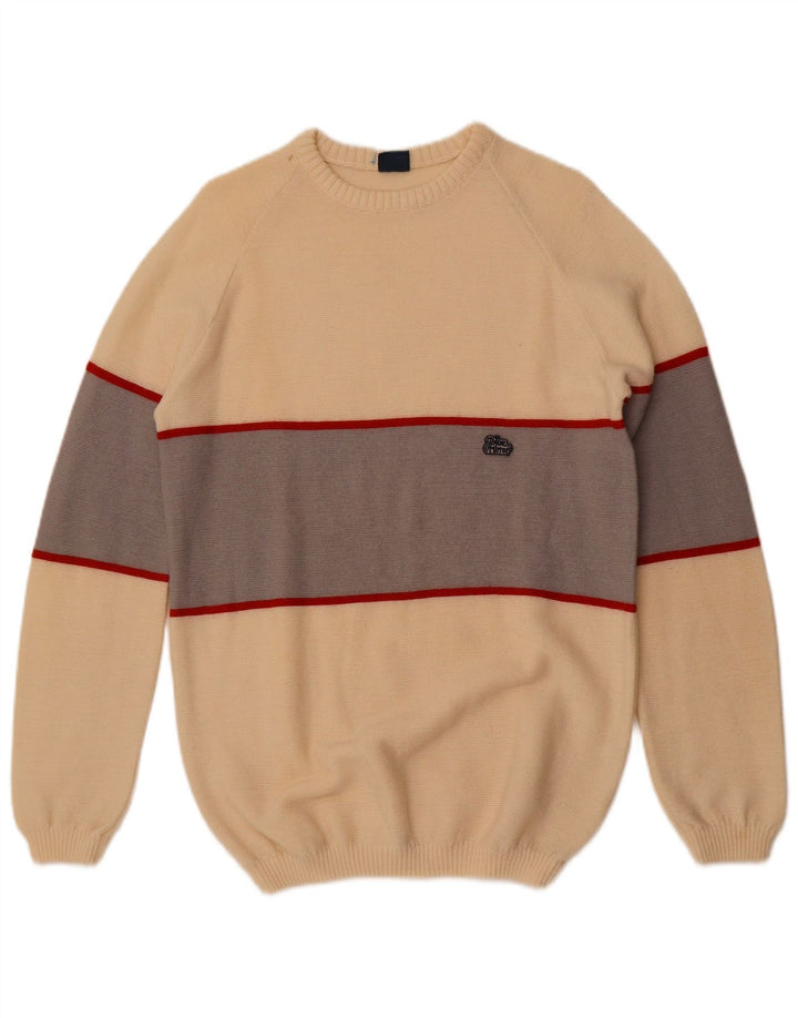 Suéter vintage masculino com gola redonda, pequeno, branco, em lã colorblock