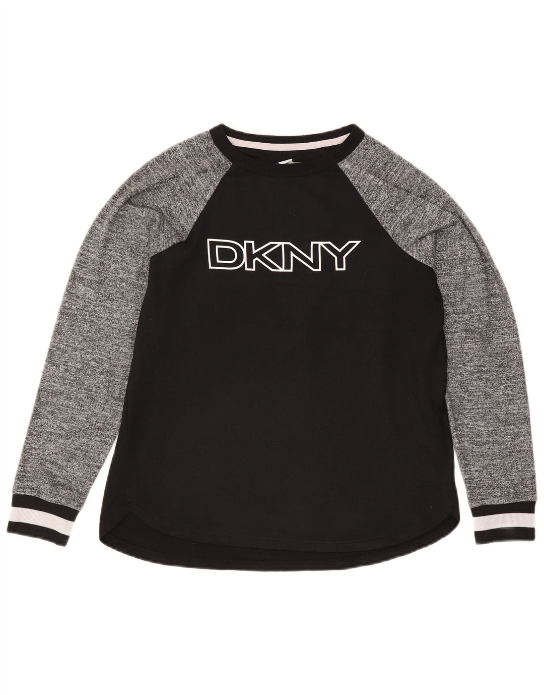 Dkny Top feminino gráfico manga comprida UK 10 pequeno preto colorblock poliéster