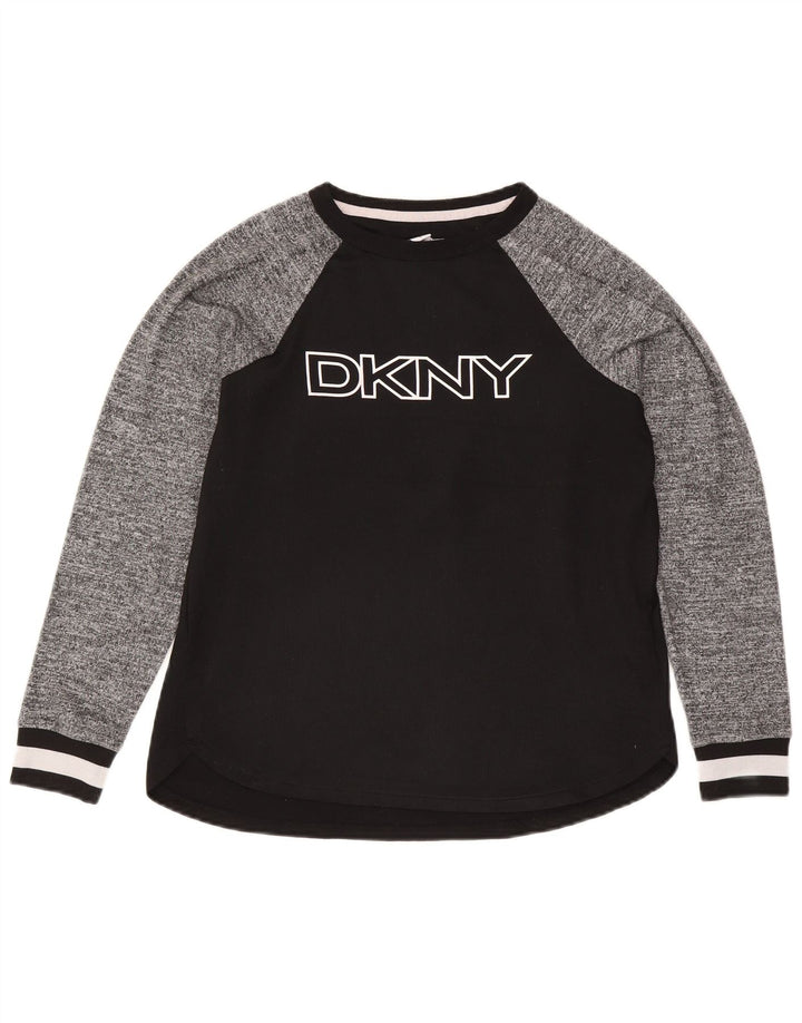 Dkny Top feminino gráfico manga comprida UK 10 pequeno preto colorblock poliéster