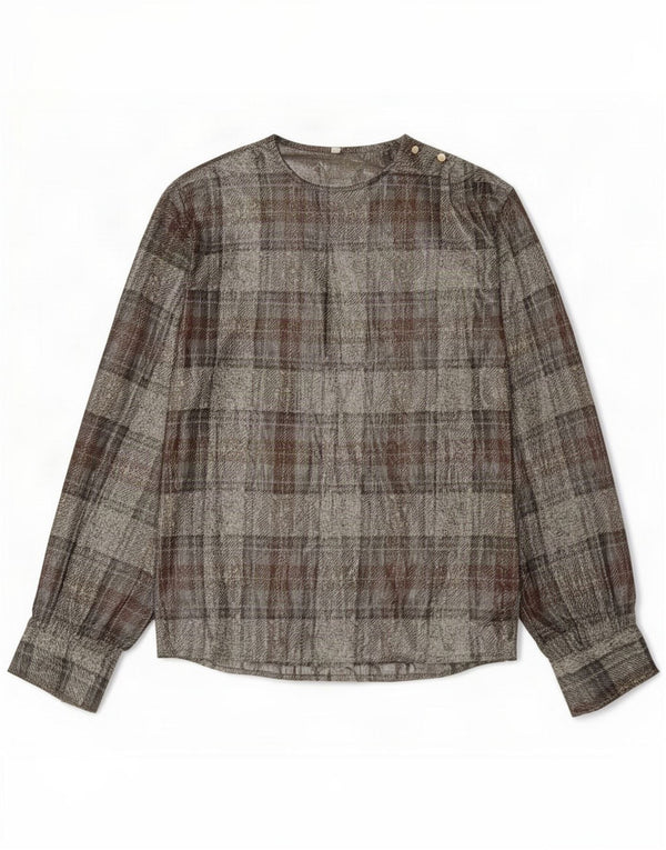 Blusa feminina vintage de manga comprida Top UE 42 Seda xadrez cinza grande