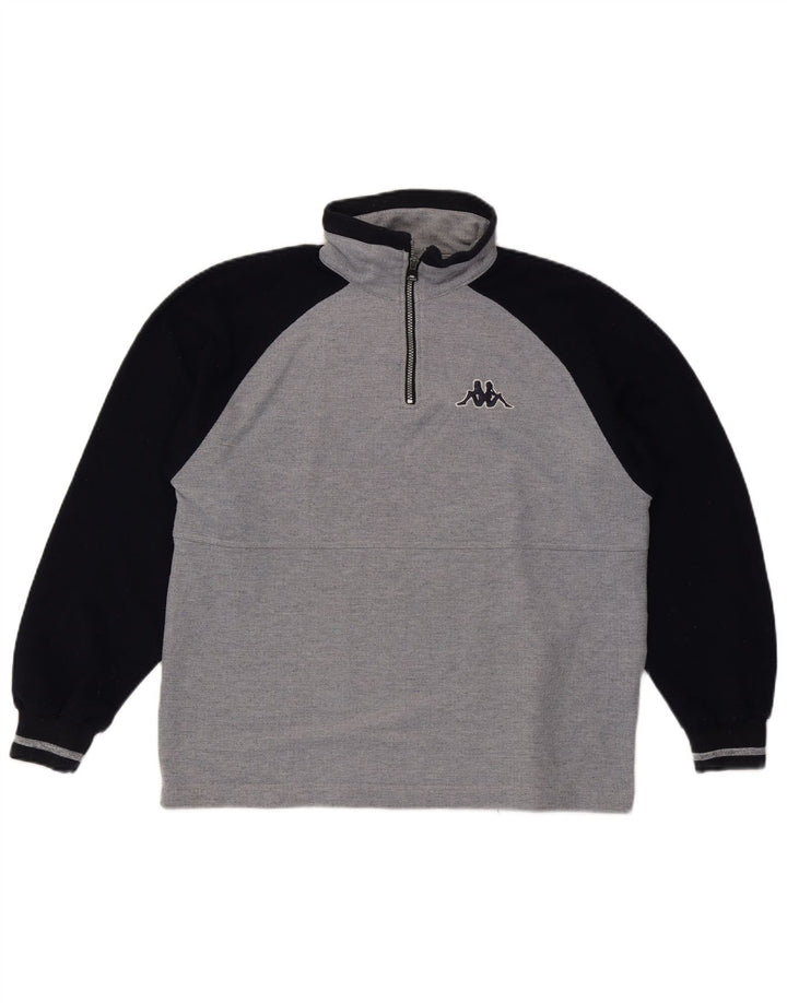 Suéter Kappa masculino com gola e zíper gráfico cinza médio bloco colorido