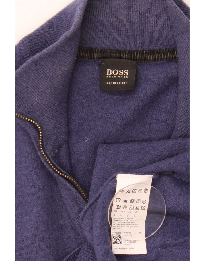 Suéter masculino Hugo Boss com zíper e gola grande em lã virgem azul marinho