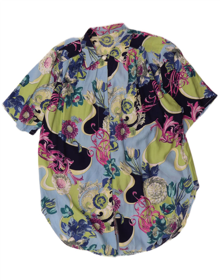 Blusa feminina vintage de manga curta UK 20 2XL floral multicolorida