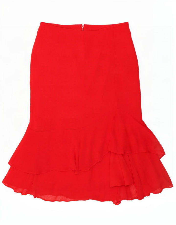 Saia feminina Marks & Spencer com babados Reino Unido 12 médio W32 poliéster vermelho
