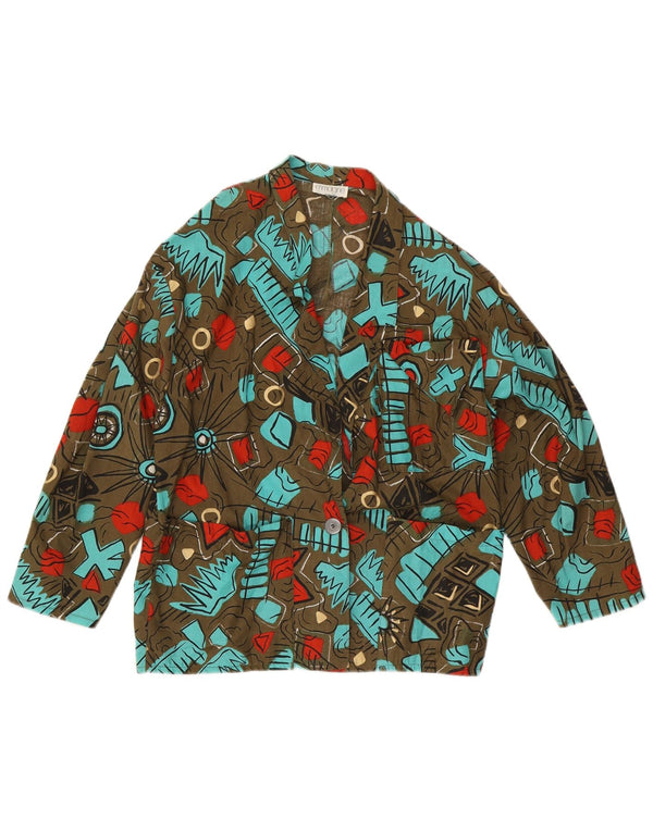 Jaqueta blazer feminina vintage com padrão abstrato de 1 botão Reino Unido 14 grande cáqui