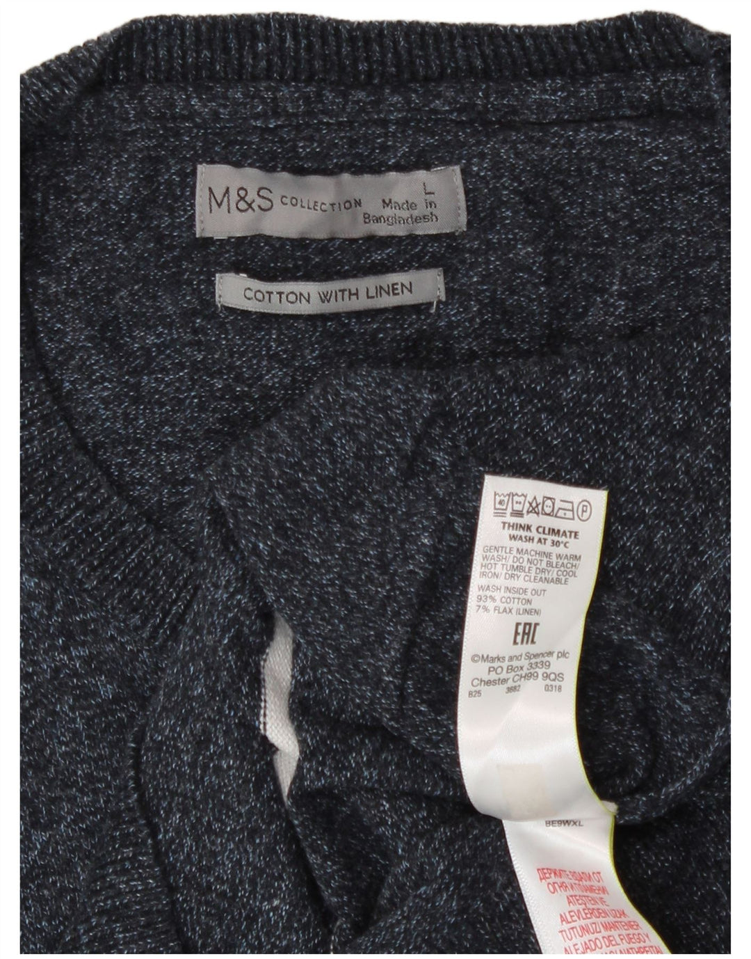 Suéter masculino Marks & Spencer com gola redonda grande listrado azul marinho