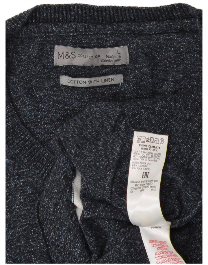 Suéter masculino Marks & Spencer com gola redonda grande listrado azul marinho