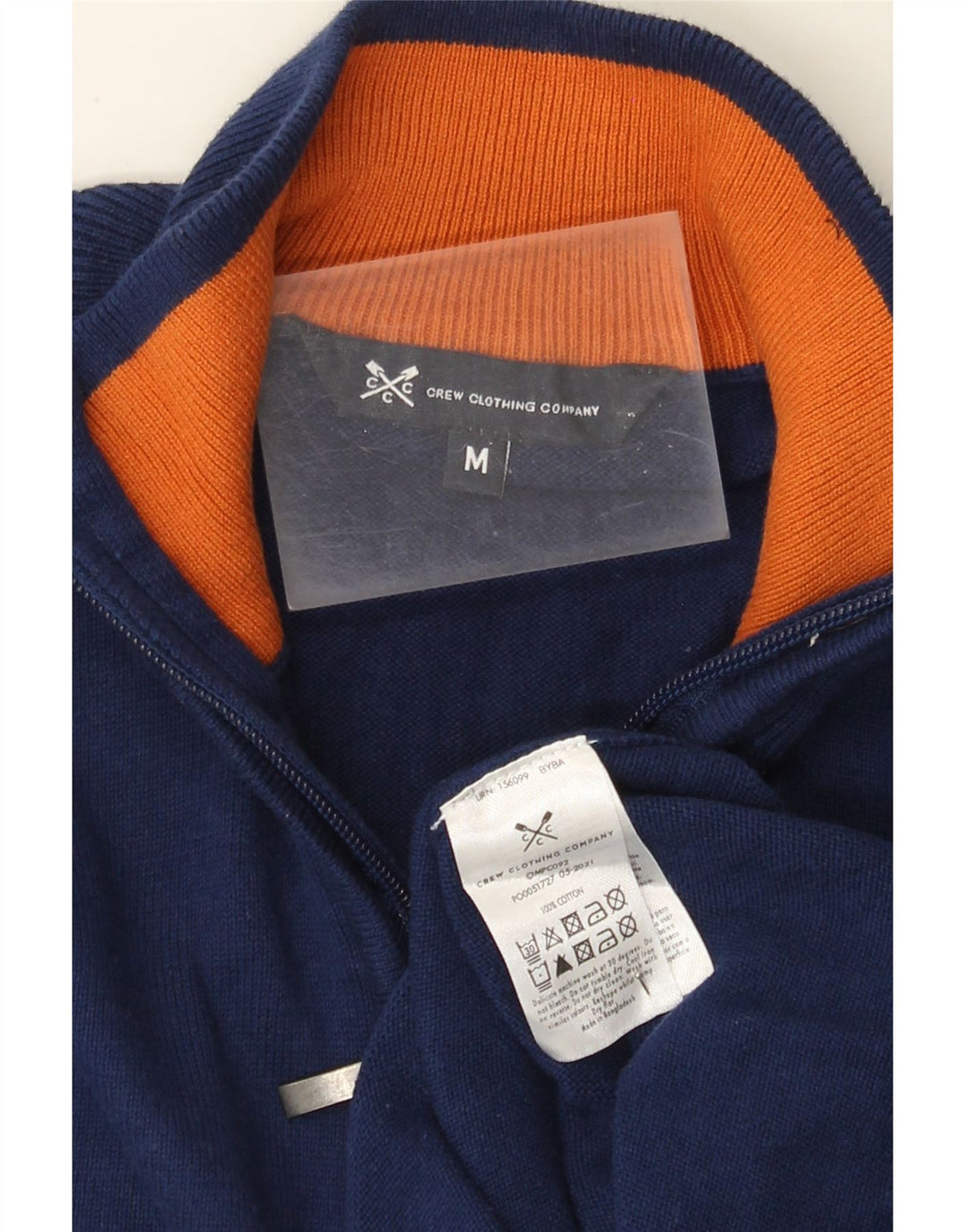 Suéter masculino Crew Clothing com zíper e gola alta de algodão azul marinho médio