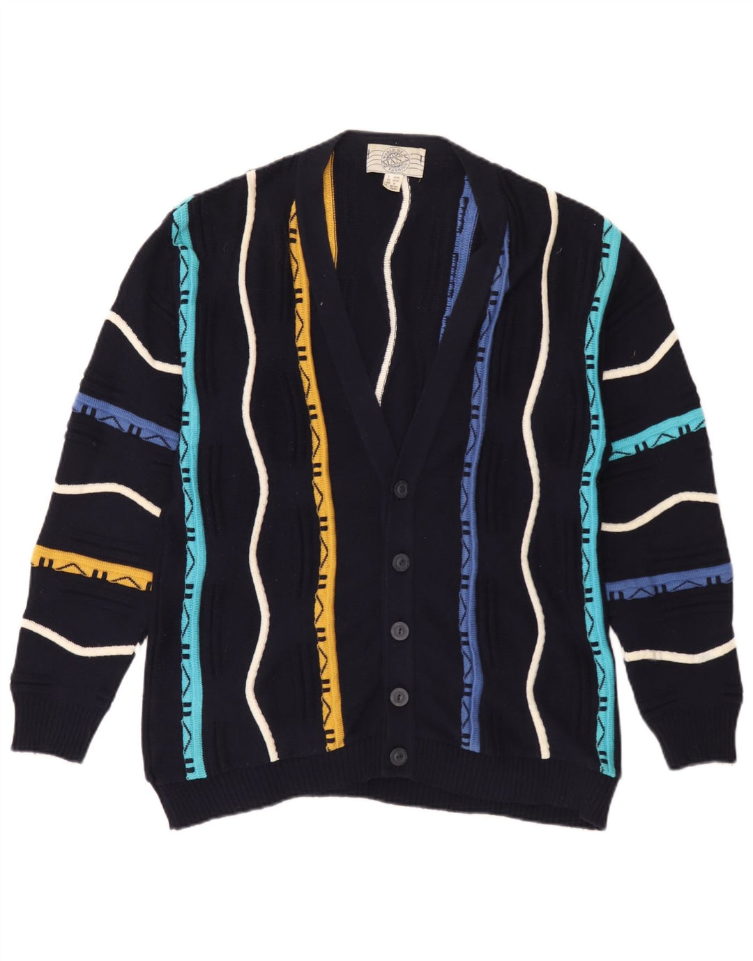 Suéter cardigã masculino vintage de algodão listrado azul marinho médio
