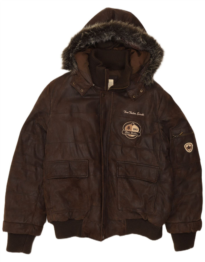 Jaqueta bomber masculina de couro gráfico Tom Tailor Reino Unido 40 grande couro marrom