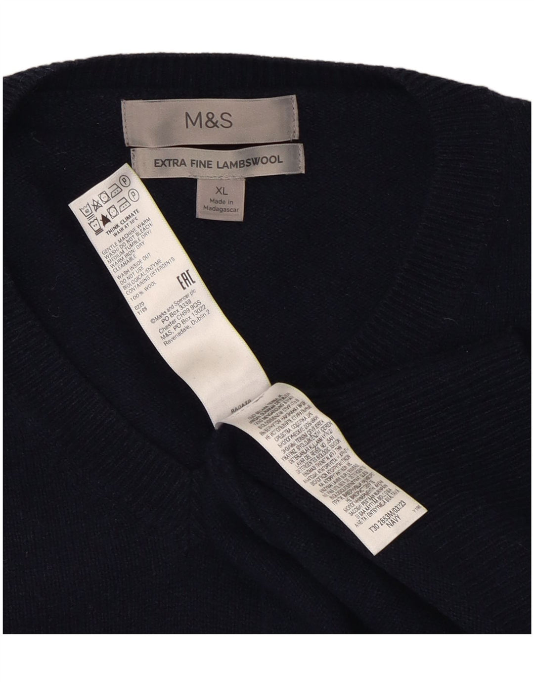 Suéter masculino Marks & Spencer com decote em V XL lã azul marinho