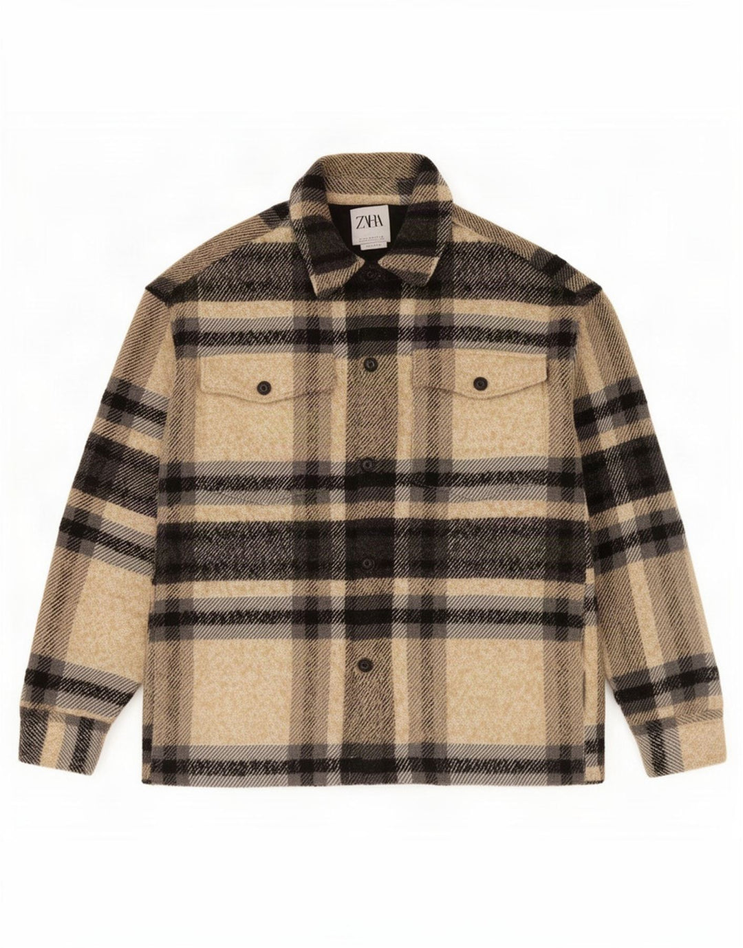 Jaqueta utilitária masculina Zara UK 40 grande poliéster xadrez bege