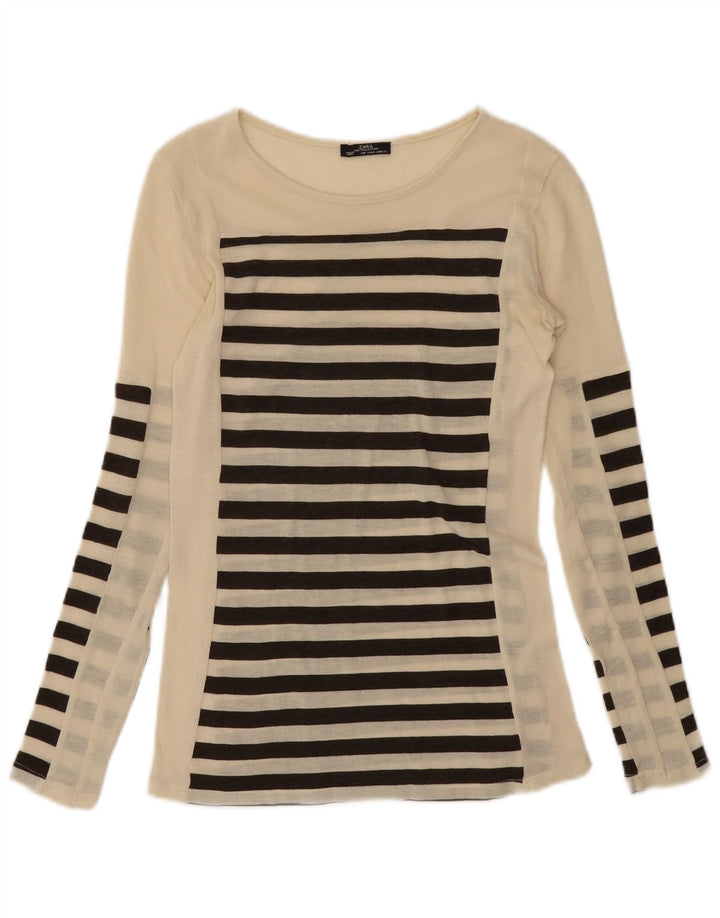 Top feminino Zara de manga comprida UK 8 pequeno listrado bege
