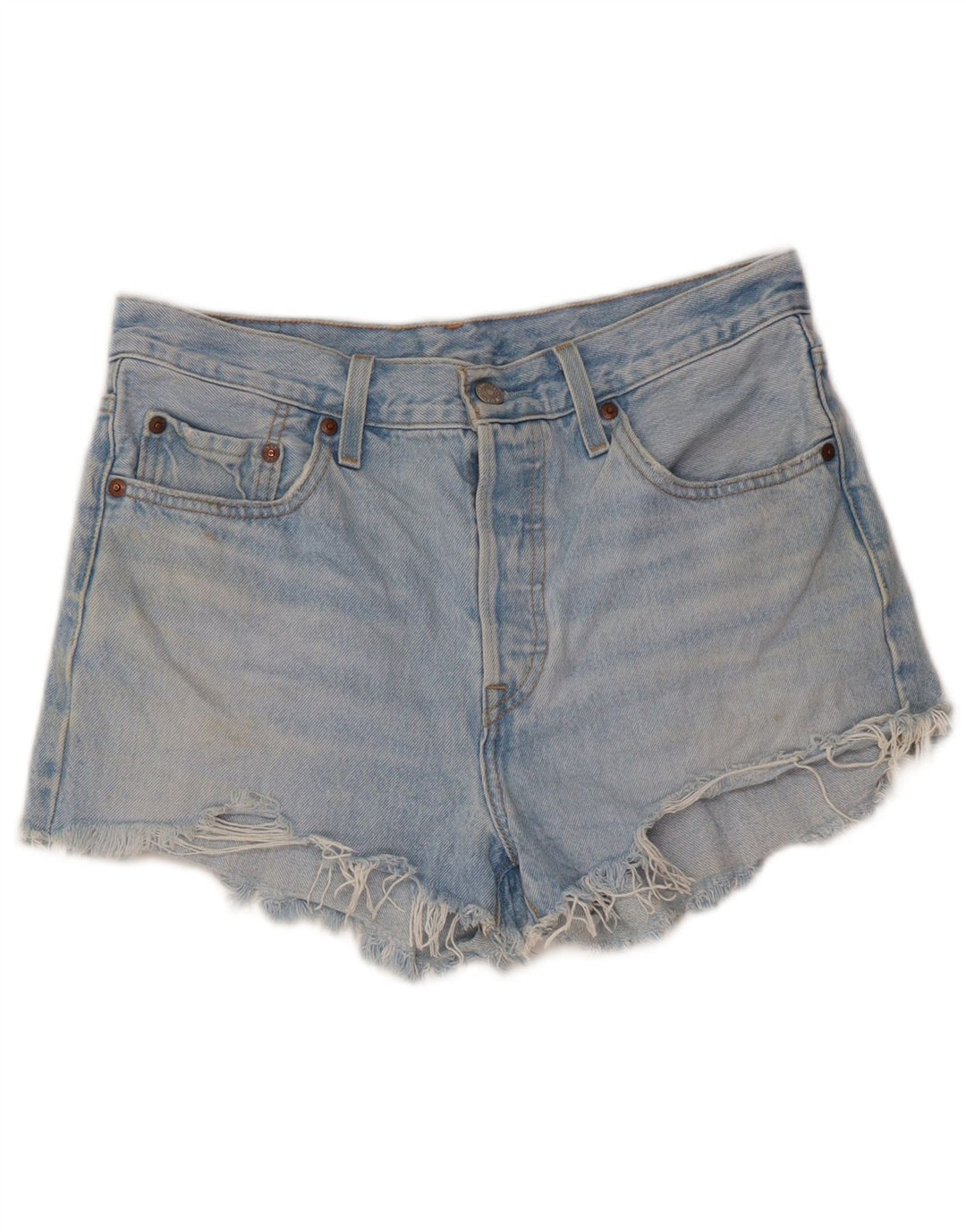 Shorts jeans feminino Levi's 501 desgastado W28 algodão azul médio
