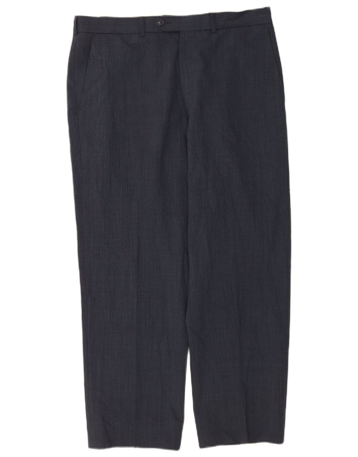 Calça masculina de terno reto Marks & Spencer W34 L29 poliéster azul marinho