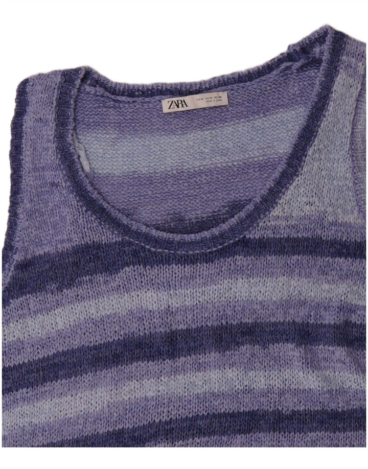 ZARA Womens Vest Tank Top UK 14 Acrílico Listrado Azul Médio