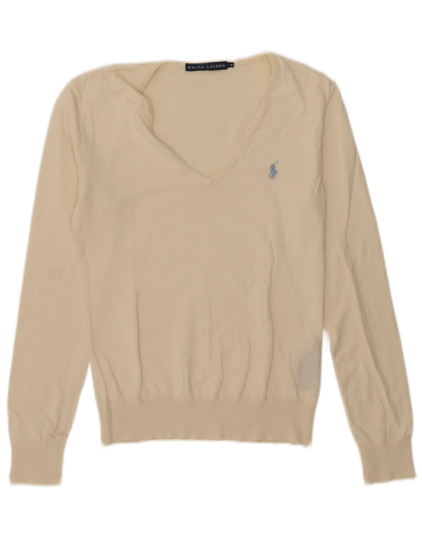 Suéter feminino Ralph Lauren com decote em V Reino Unido 12 algodão branco médio
