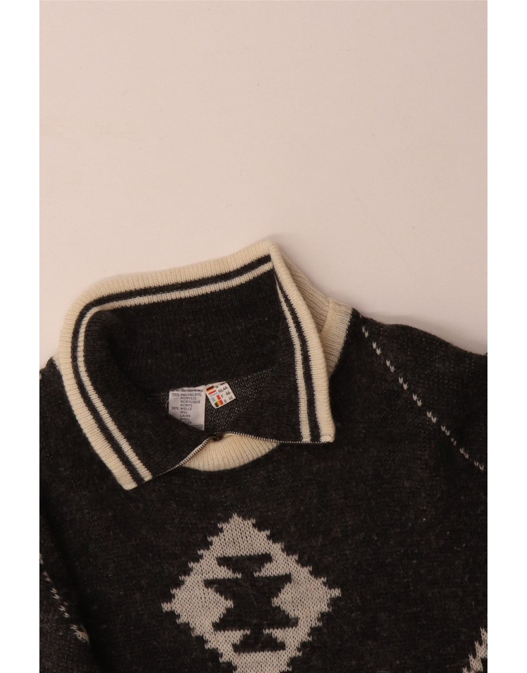 Suéter masculino VINTAGE com zíper e gola IT 46 pequeno preto Fair Isle