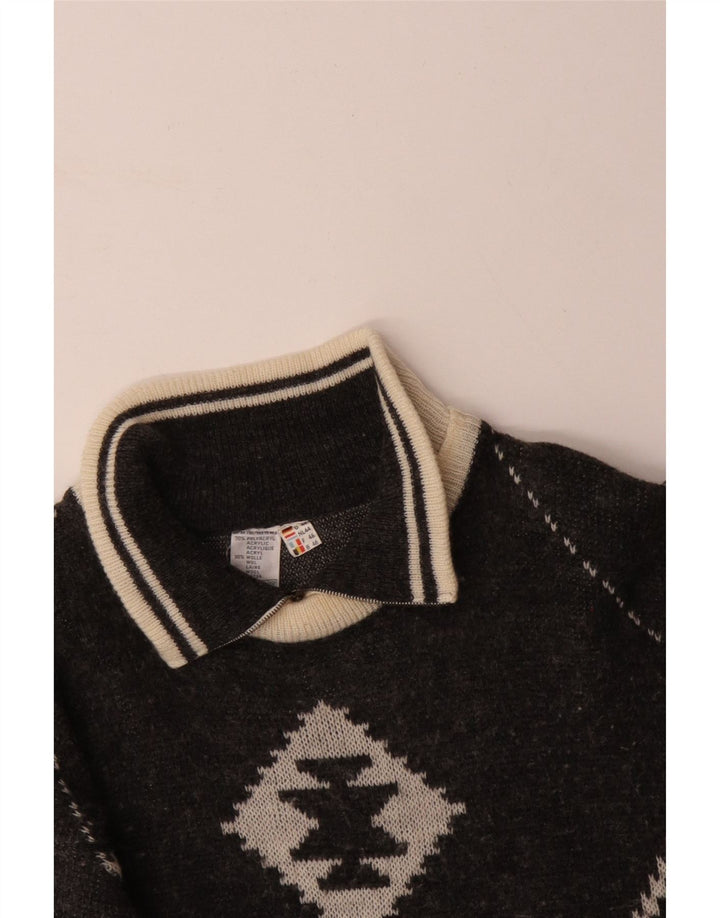 Suéter masculino VINTAGE com zíper e gola IT 46 pequeno preto Fair Isle