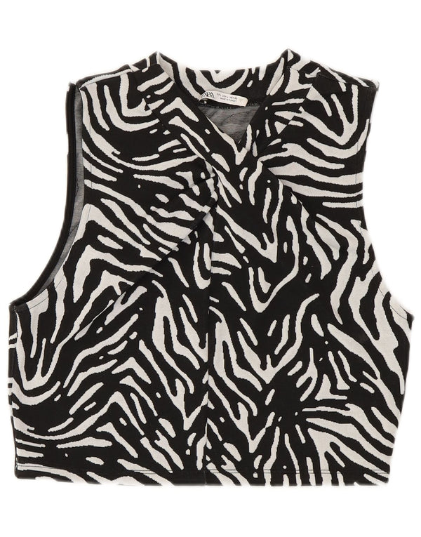 Zara Womens Crop Vest Top UK 14 Grande Preto Animal Print Poliéster
