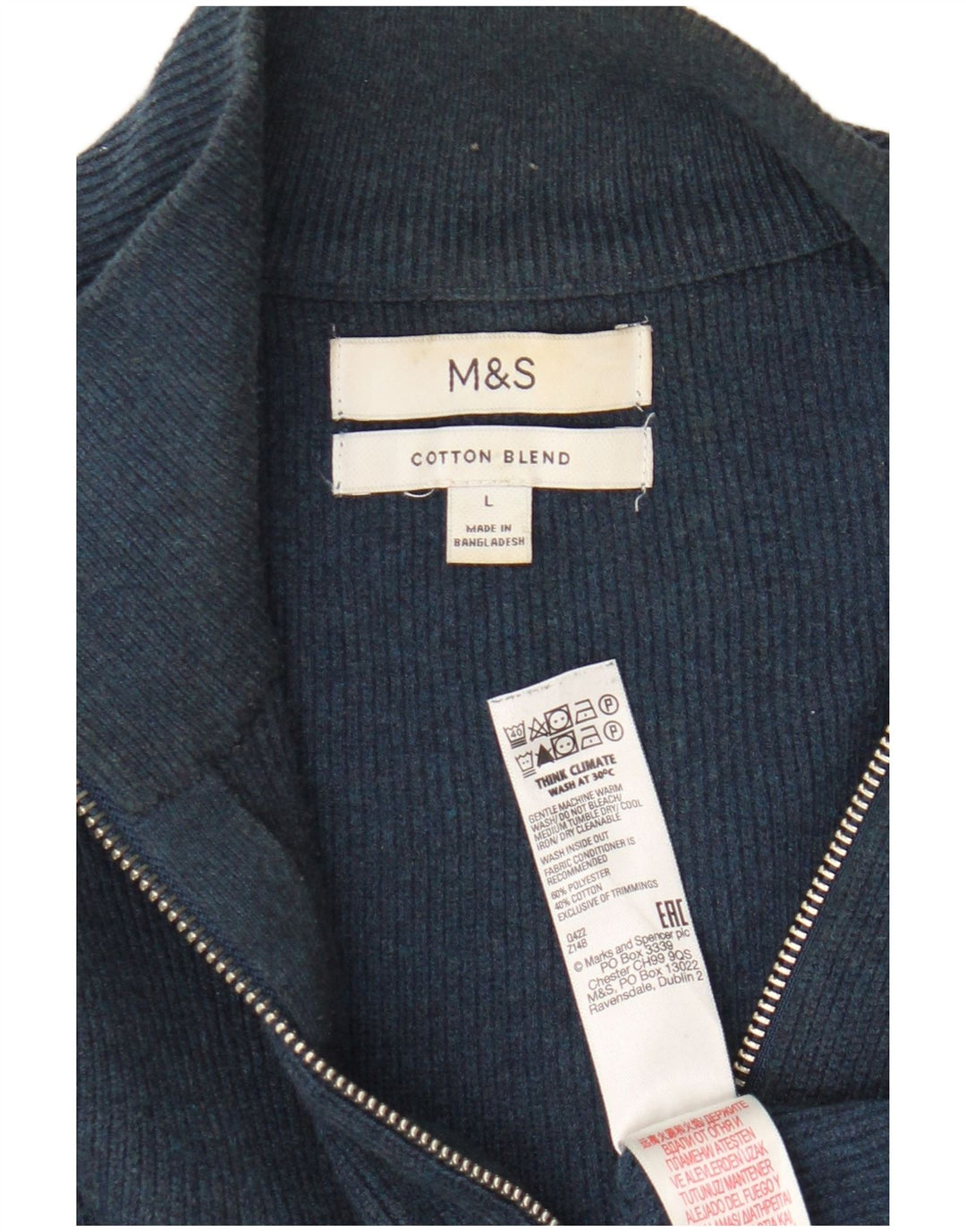 Suéter masculino Marks & Spencer com zíper e gola alta de algodão azul marinho