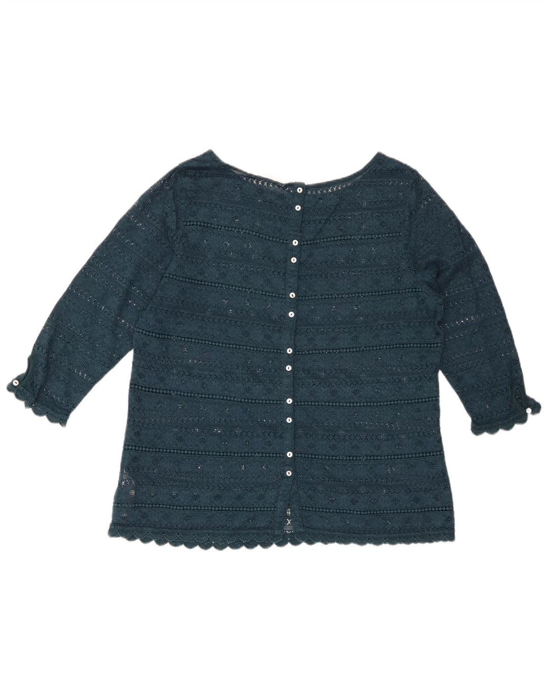 FAT FACE Blusa feminina de renda manga 3/4 Top Reino Unido 14 grande algodão floral verde