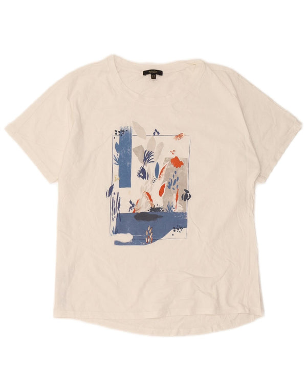 Camiseta feminina grande com estampa Massimo Dutti UK 6 XS algodão branco
