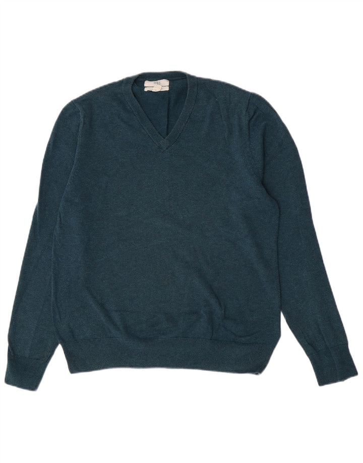Suéter masculino Marks & Spencer com decote em V, algodão verde médio