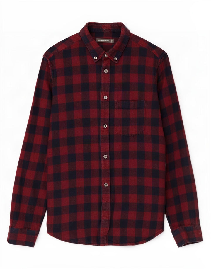 Camisa masculina de flanela French Connection pequeno algodão xadrez Borgonha
