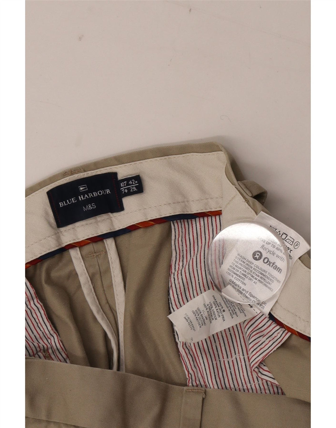Calça chino masculina Marks & Spencer azul Harbour Pegged W42 L29 bege