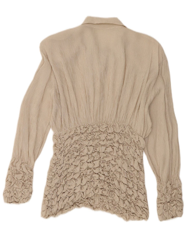 Blusa feminina vintage de manga comprida UK 10 acetato xadrez bege pequeno