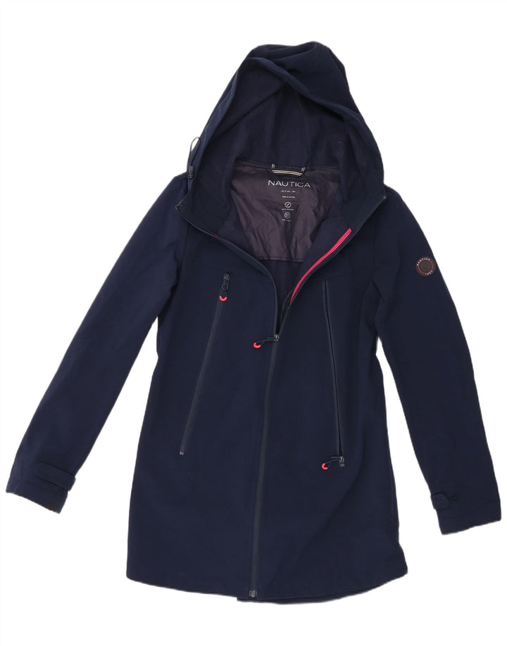 Jaqueta de chuva feminina com capuz Nautica UK 14 grande poliéster azul marinho