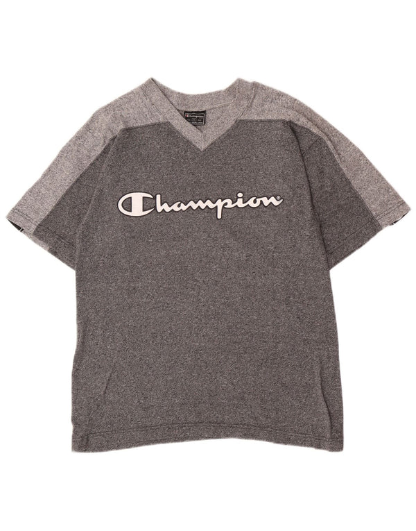 Camiseta masculina com estampa gráfica Champion pequeno algodão colorblock cinza