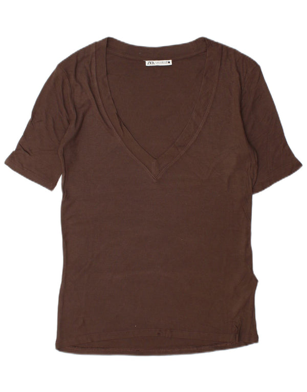 Camiseta feminina Zara UK 14 viscose marrom médio