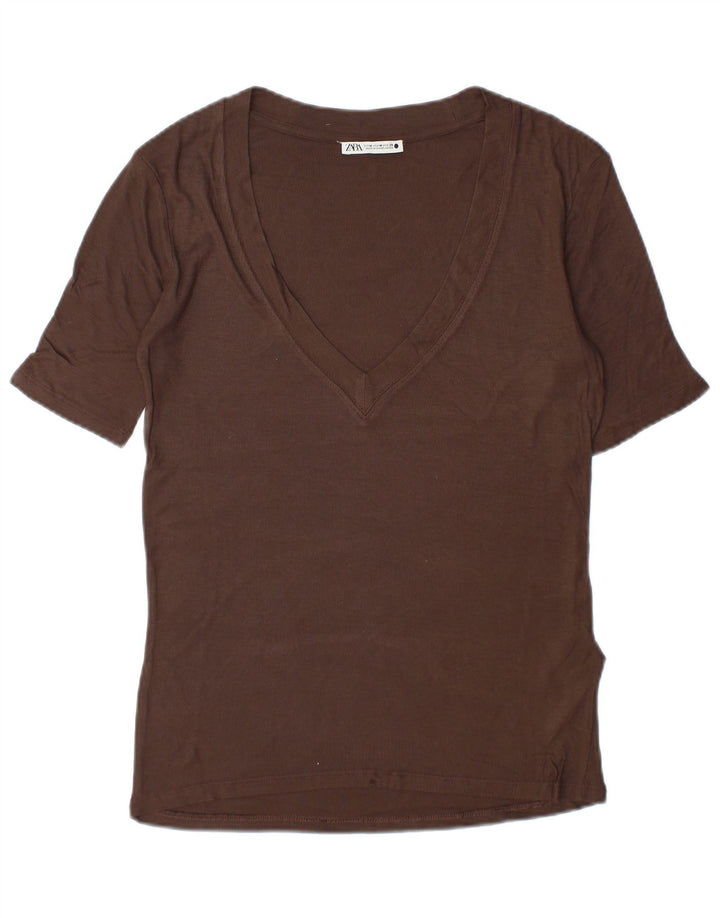 Camiseta feminina Zara UK 14 viscose marrom médio