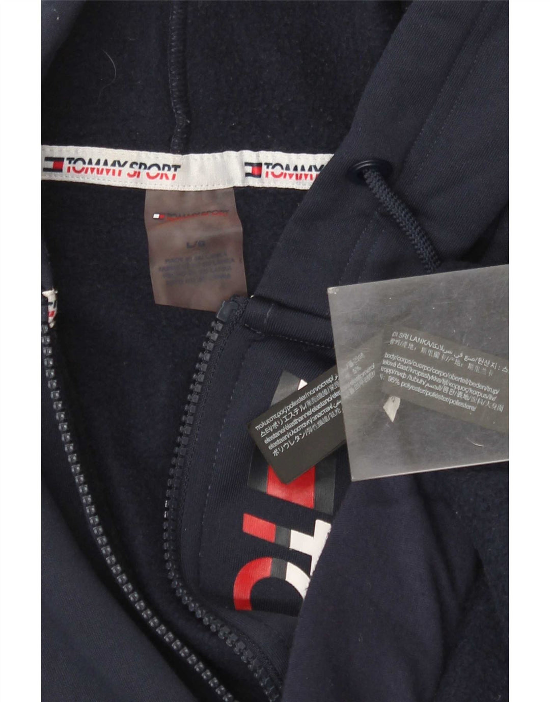 Tommy Hilfiger Suéter masculino com capuz e zíper gráfico grande poliéster azul marinho