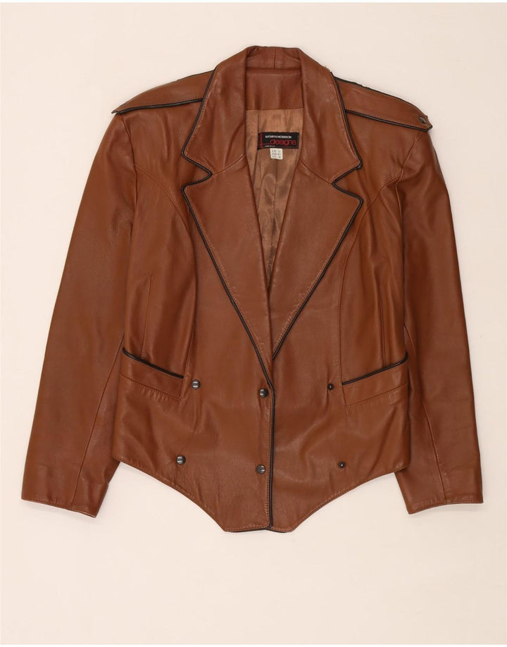 Jaqueta de couro militar vintage feminina UK 12 marrom médio