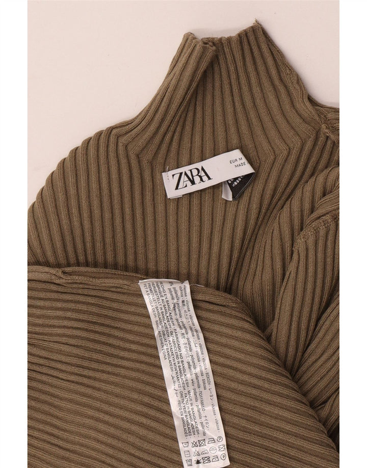 Top feminino Zara com gola redonda e manga comprida Reino Unido 12 viscose cáqui médio