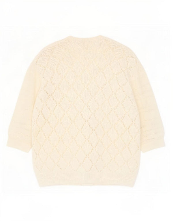 Suéter cardigã feminino vintage transparente Reino Unido 14 médio branco manchado