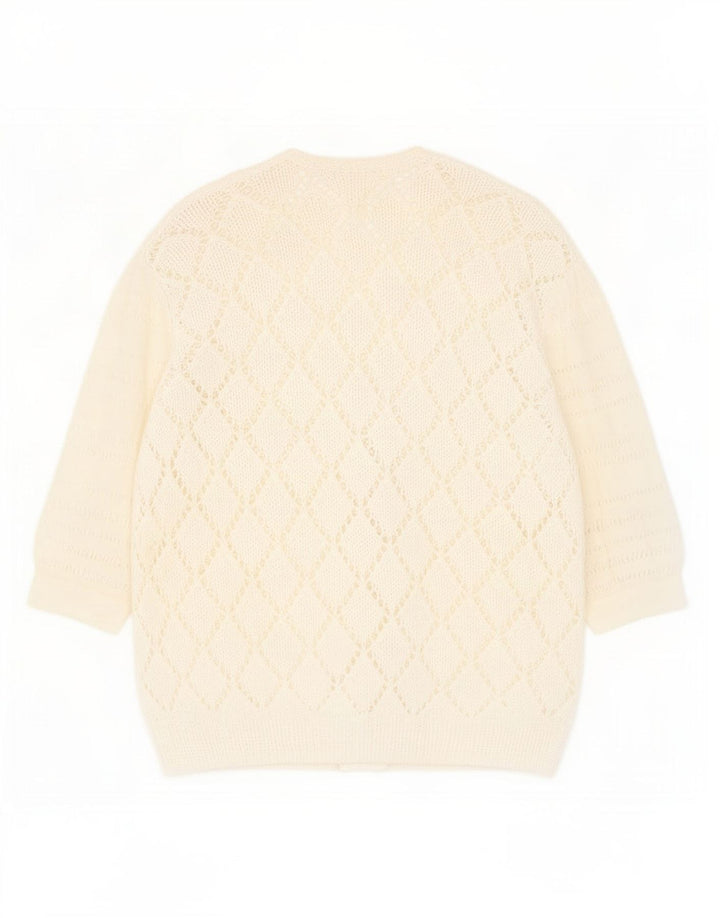 Suéter cardigã feminino vintage transparente Reino Unido 14 médio branco manchado