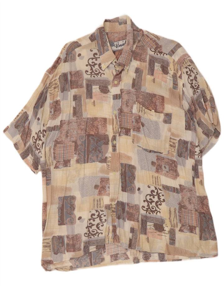 Camisa masculina vintage de manga curta grande patchwork bege