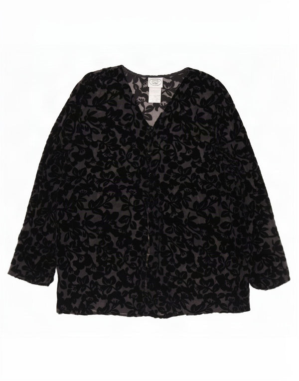 Blusa feminina Laura Ashley transparente Reino Unido 16 grande preta floral