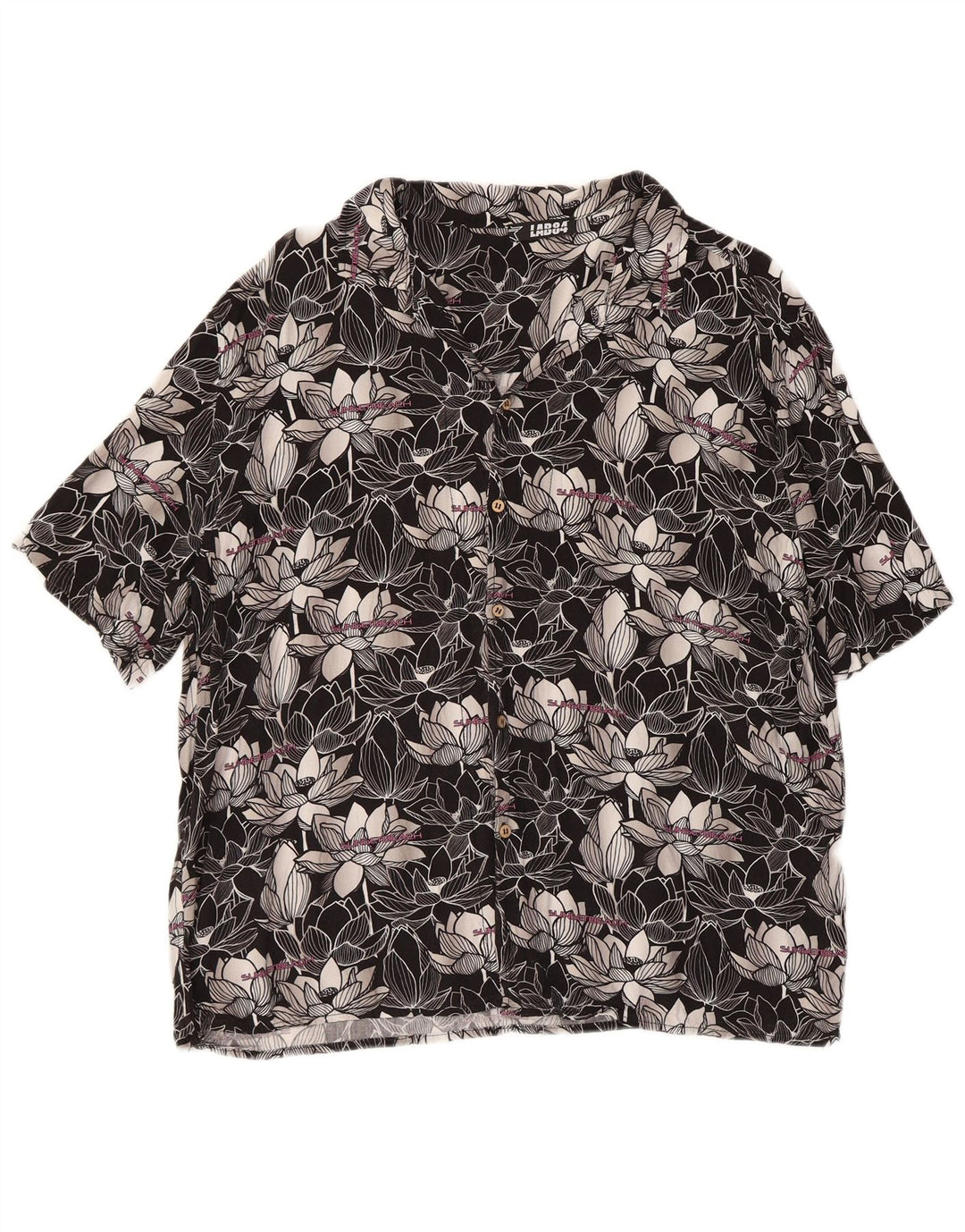 Camisa masculina vintage de manga curta grande floral preta