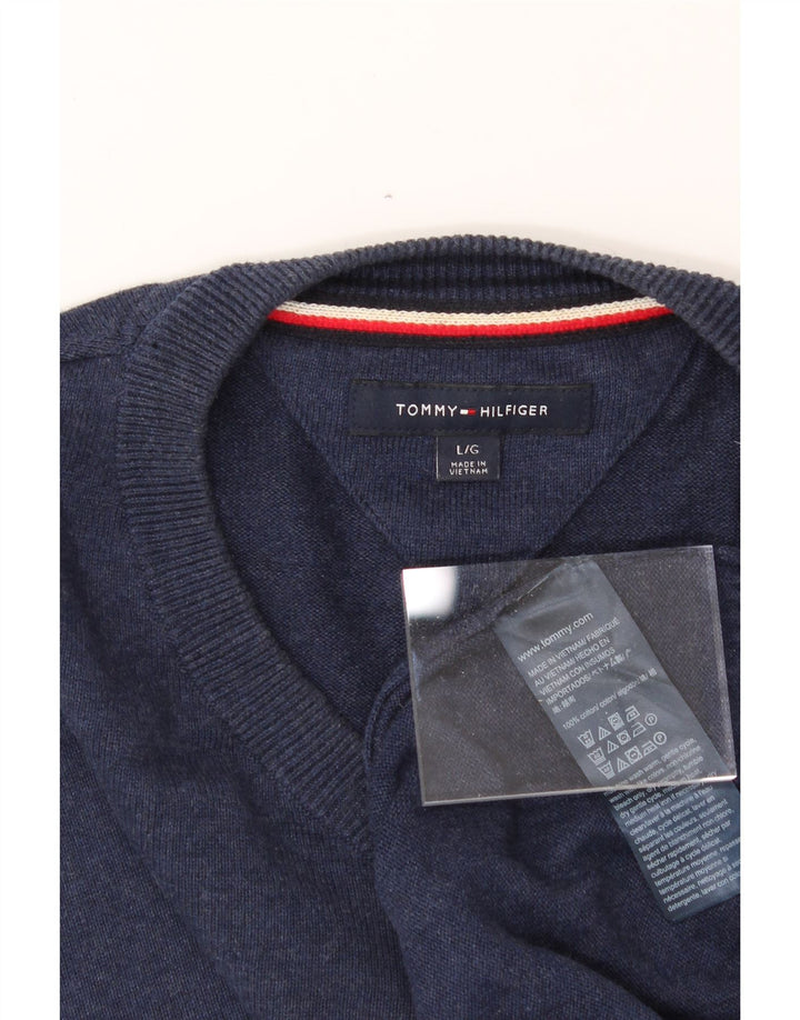 TOMMY HILFIGER Mens V-Neck Jumper Sweater Large Navy Blue Cotton Vintage Tommy Hilfiger and Second-Hand Tommy Hilfiger from Messina Hembry 