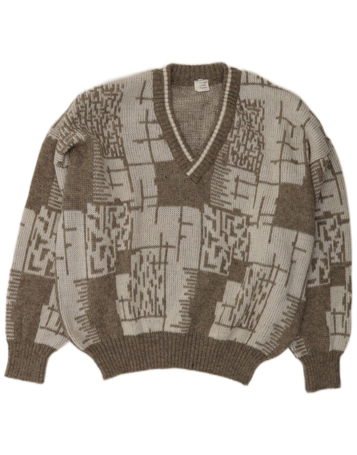 Suéter masculino VINTAGE com decote em V XL de lã geométrica bege