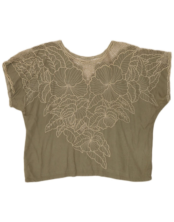 Blusa feminina vintage UK 16 grande cáqui floral rayon