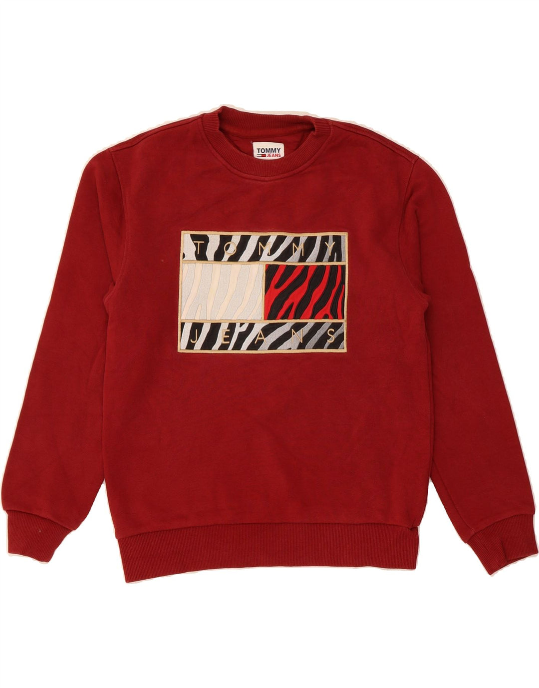 TOMMY HILFIGER Womens Graphic Sweatshirt Jumper UK 2 2XS Burgundy Vintage Tommy Hilfiger and Second-Hand Tommy Hilfiger from Messina Hembry 