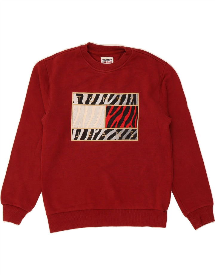 TOMMY HILFIGER Womens Graphic Sweatshirt Jumper UK 2 2XS Burgundy Vintage Tommy Hilfiger and Second-Hand Tommy Hilfiger from Messina Hembry 